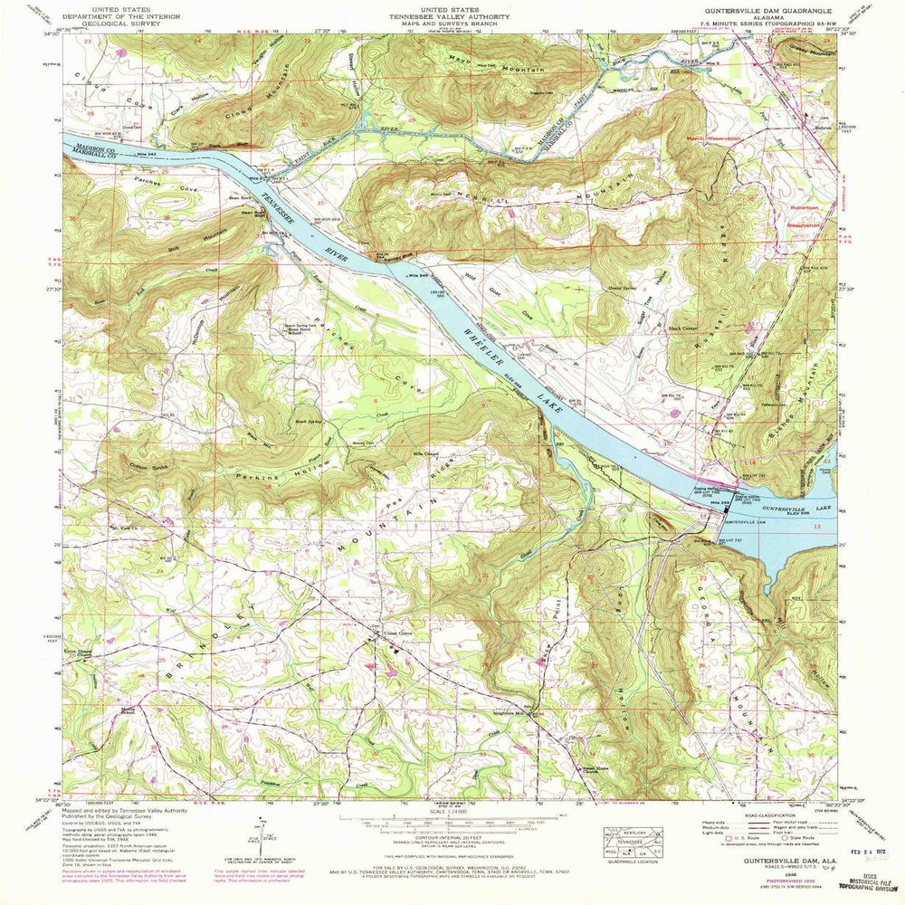 YellowMaps Guntersville Dam AL topo map, 1:24000 Scale, 7.5 X 7.5 Minute, Historical, 1948, Updated 1972, 26.8 x 22 in - Tyvek