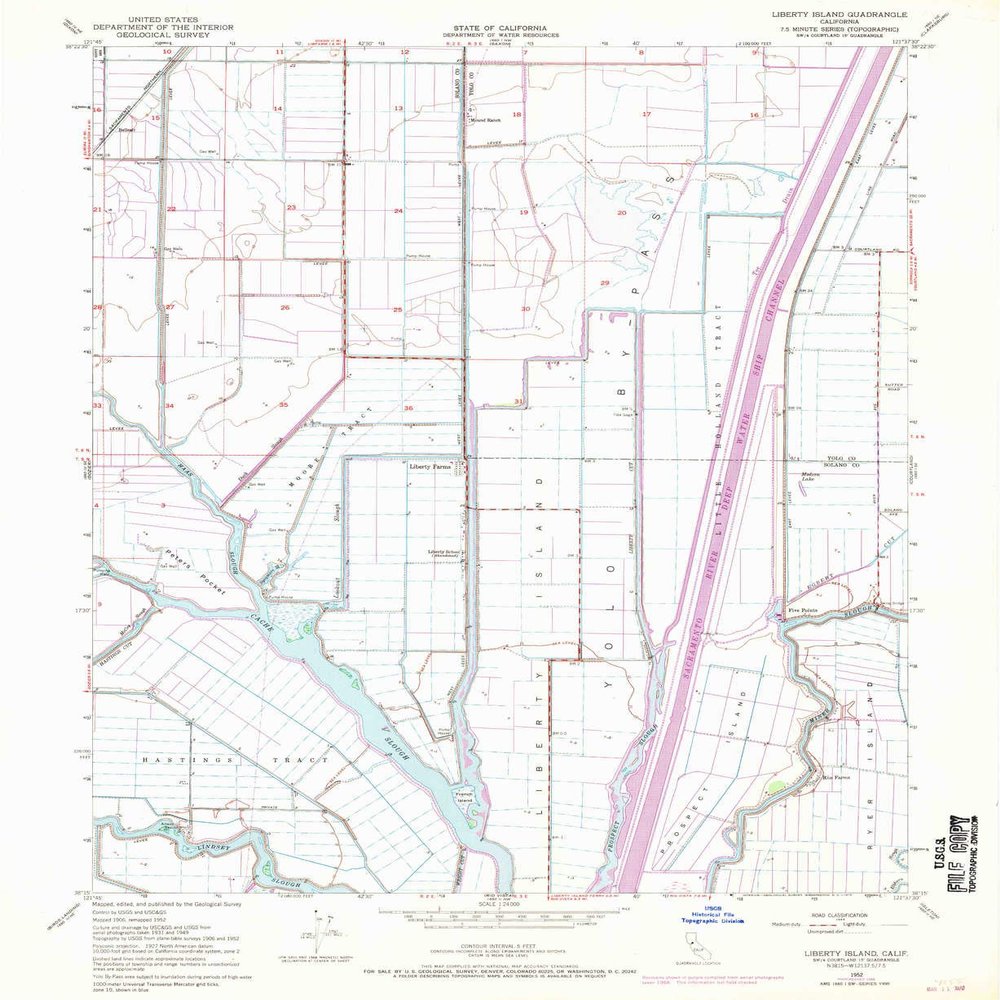 YellowMaps Liberty Island CA topo map, 1:24000 Scale, 7.5 X 7.5 Minute, Historical, 1952, Updated 1970, 26.9 x 22 in - Polypropylene