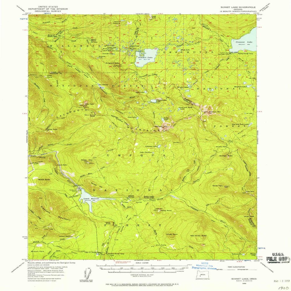 YellowMaps Summit Lake OR topo map, 1:62500 Scale, 15 X 15 Minute, Historical, 1956, Updated 1958, 20.8 x 16.2 in - Polypropylene