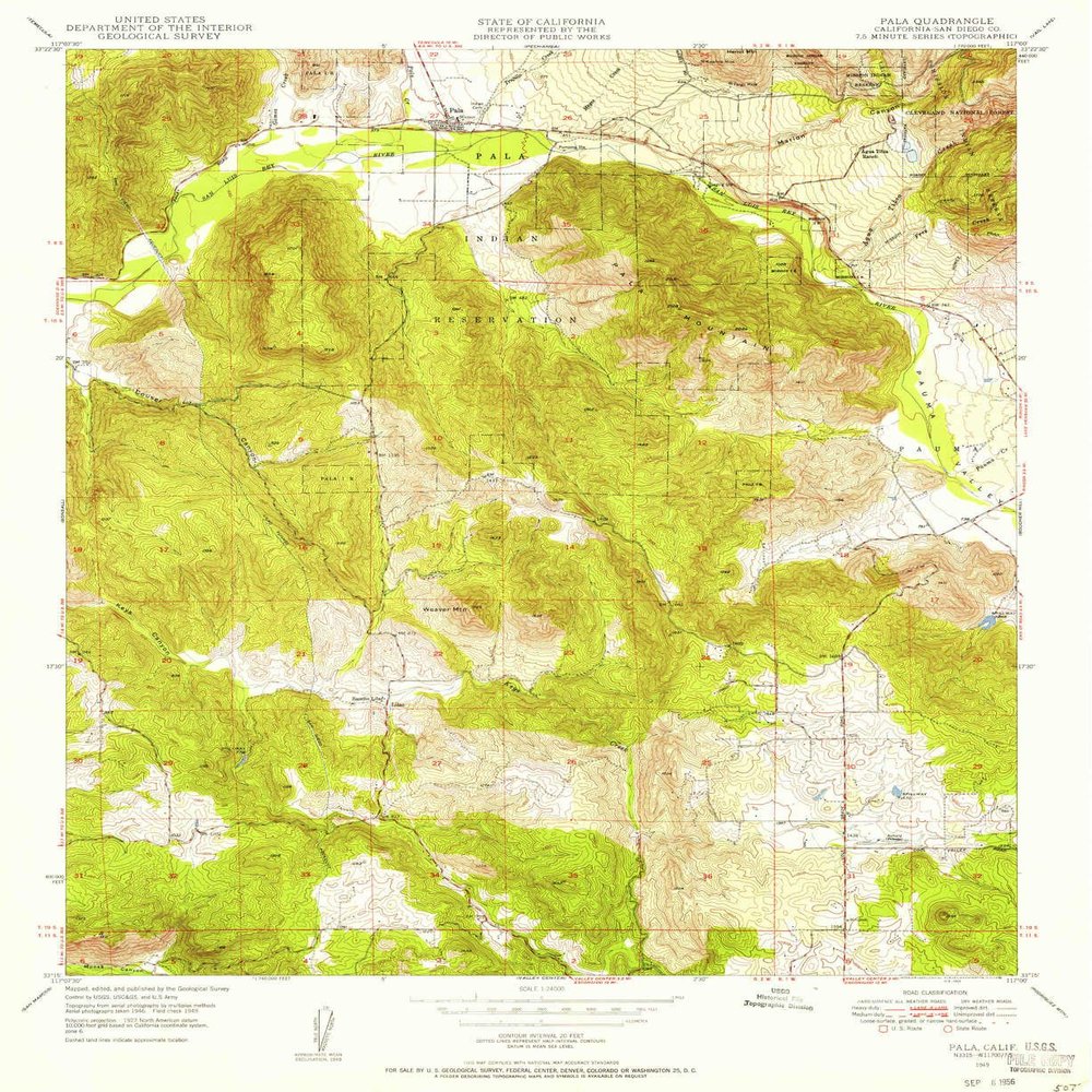 YellowMaps Pala CA topo map, 1:24000 Scale, 7.5 X 7.5 Minute, Historical, 1949, Updated 1956, 26.8 x 21.9 in - Tyvek