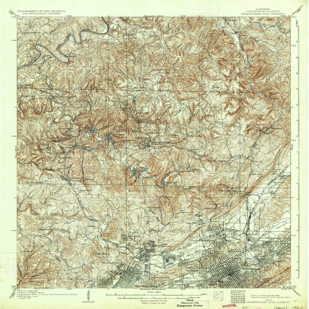 YellowMaps Birmingham Coal District AL topo map, 1:62500 Scale, 15 X 15 Minute, Historical, 1906, Updated 1934, 19.9 x 16.5 in - Polypropylene