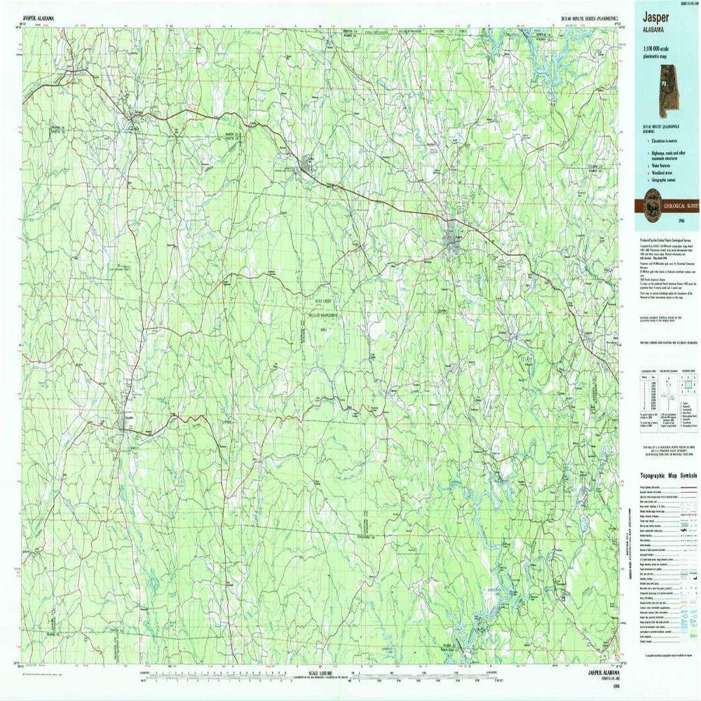 YellowMaps Jasper AL topo map, 1:100000 Scale, 30 X 60 Minute, Historical, 1984, Updated 1985, 24.1 x 42.9 in - Tyvek