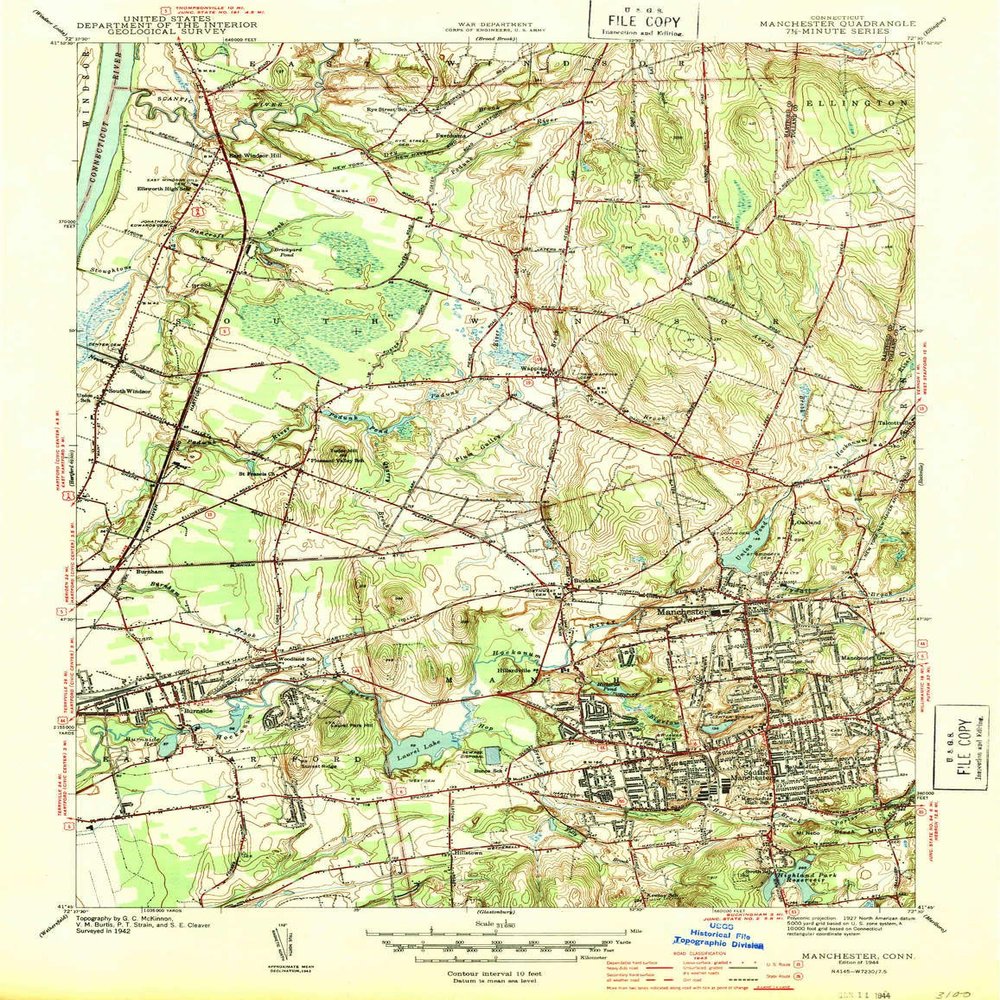 YellowMaps Manchester CT topo map, 1:31680 Scale, 7.5 X 7.5 Minute, Historical, 1944, 20 x 15.4 in - Tyvek