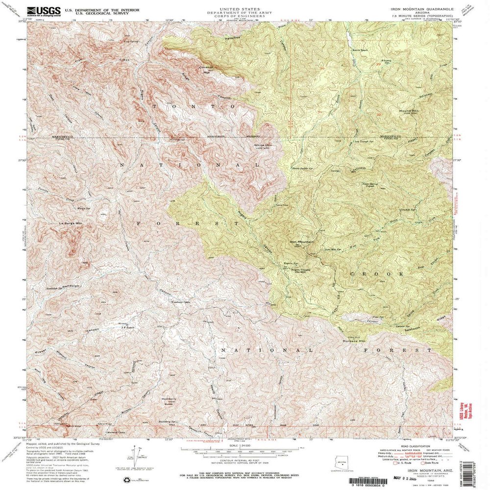 YellowMaps Iron Mountain AZ topo map, 1:24000 Scale, 7.5 X 7.5 Minute, Historical, 1948, Updated 1982, 26.8 x 21.9 in - Polypropylene