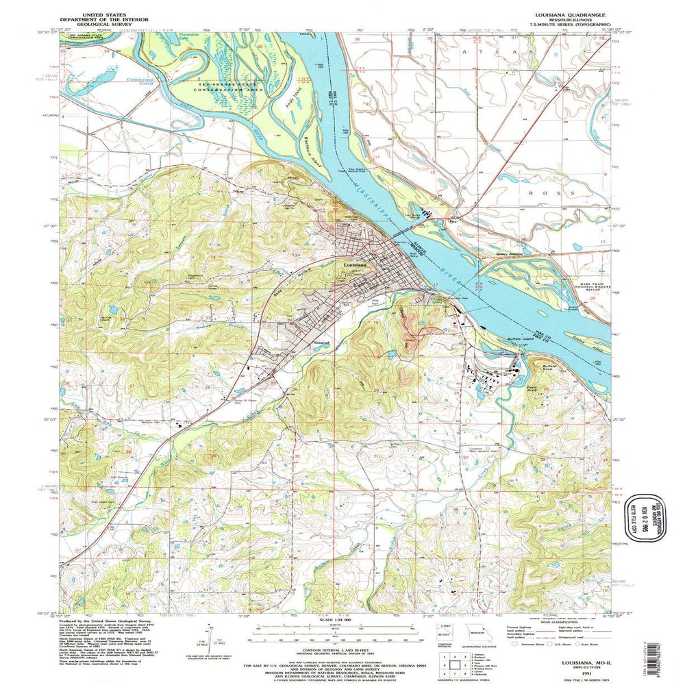 YellowMaps Louisiana MO topo map, 1:24000 Scale, 7.5 X 7.5 Minute, Historical, 1991, Updated 1995, 26.8 x 21.9 in - Polypropylene
