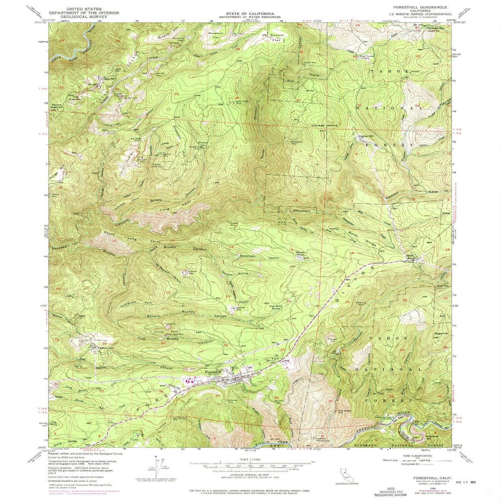 YellowMaps Foresthill CA topo map, 1:24000 Scale, 7.5 X 7.5 Minute, Historical, 1948, Updated 1975, 26.9 x 22.1 in - Polypropylene