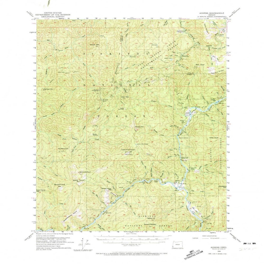 YellowMaps Agness OR topo map, 1:62500 Scale, 15 X 15 Minute, Historical, 1954, Updated 1974, 21.8 x 18 in - Polypropylene