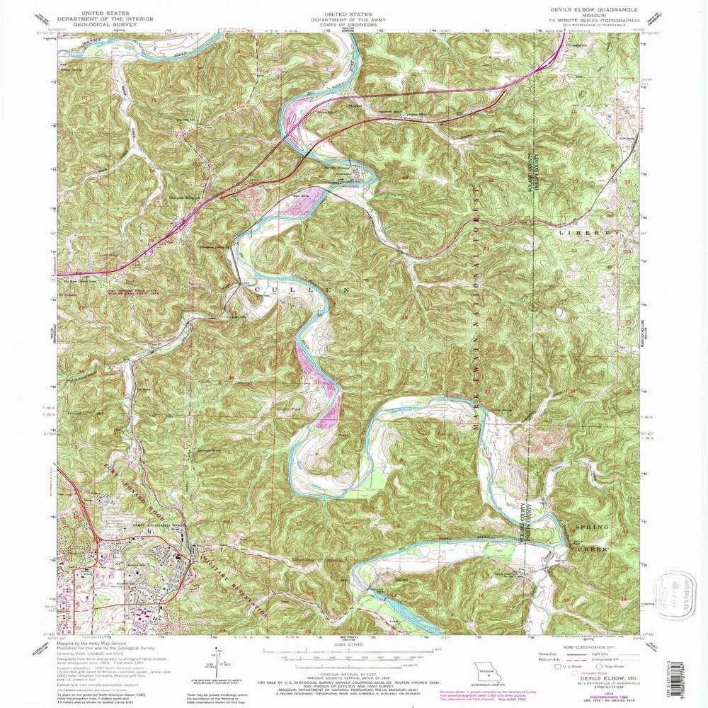 Devils Elbow MO topo map, 1:24000 Scale, 7.5 X 7.5 Minute, Historical, 1954, Updated 1985, 26.8 x 22 in - Tyvek