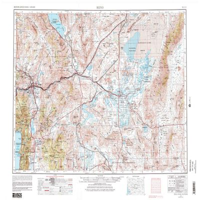 YellowMaps Reno NV topo map, 1:250000 Scale, 1 X 2 Degree, Historical, 1957, Updated 1980, 22.3 x 32.1 in - Polypropylene