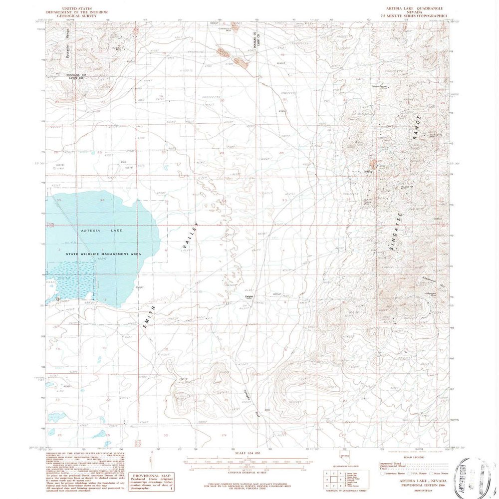 YellowMaps Artesia Lake NV topo map, 1:24000 Scale, 7.5 X 7.5 Minute, Historical, 1986, Updated 1987, 26.7 x 22 in - Polypropylene