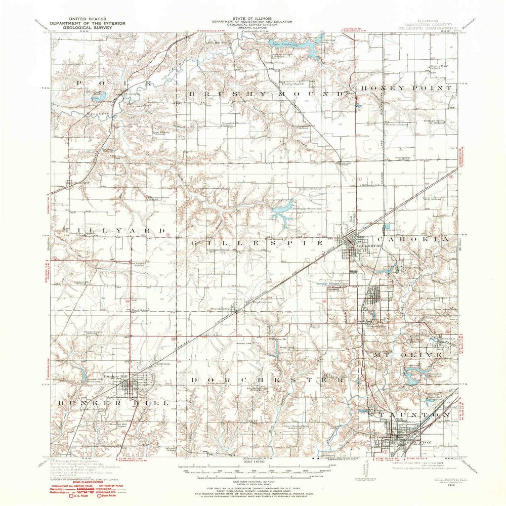 YellowMaps Gillespie IL topo map, 1:62500 Scale, 15 X 15 Minute, Historical, 1912, Updated 1971, 20.9 x 16.9 in - Tyvek