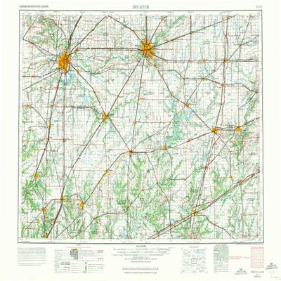 YellowMaps Decatur IL topo map, 1:250000 Scale, 1 X 2 Degree, Historical, 1958, Updated 1971, 22 x 32.1 in - Tyvek