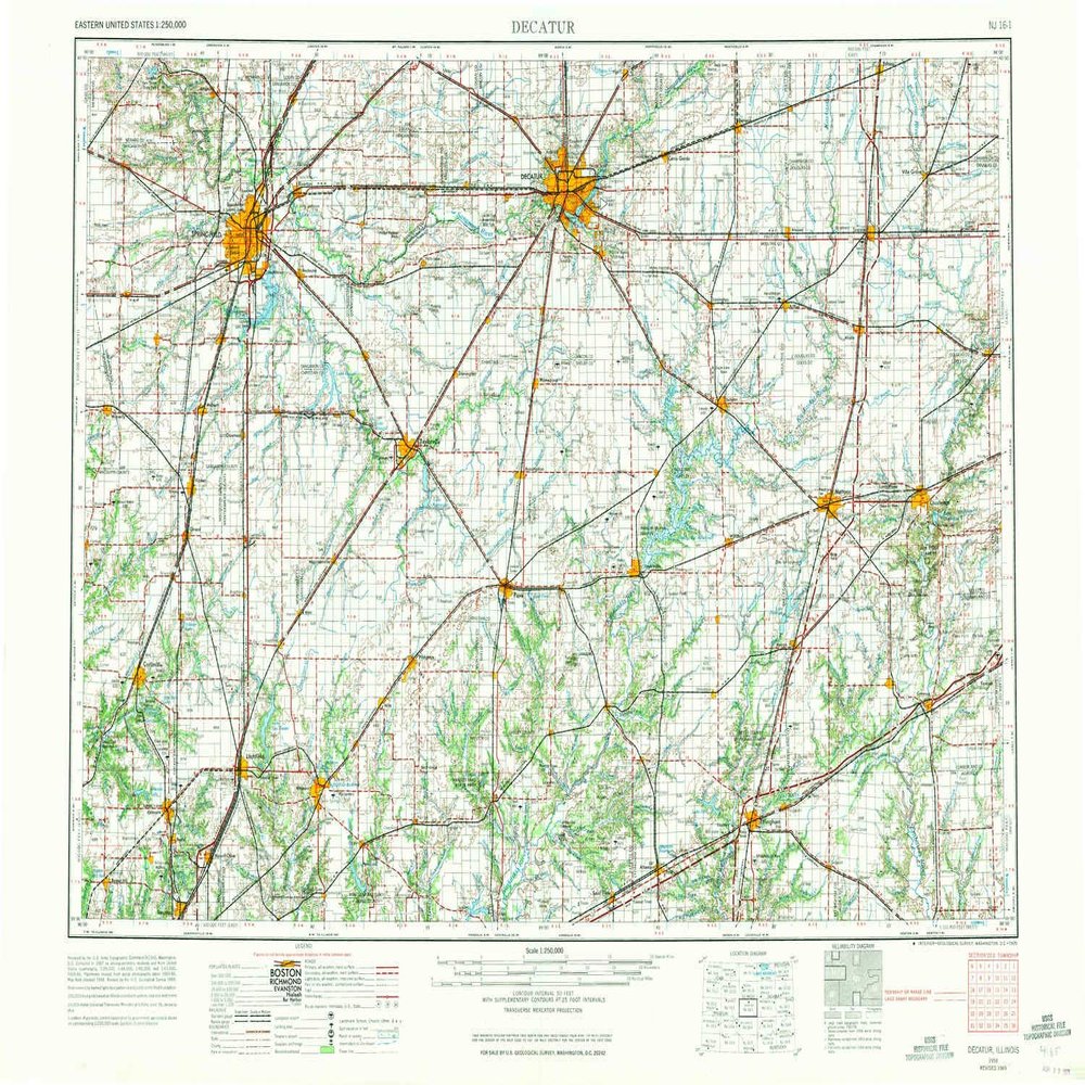 YellowMaps Decatur IL topo map, 1:250000 Scale, 1 X 2 Degree, Historical, 1958, Updated 1971, 22 x 32.1 in - Tyvek