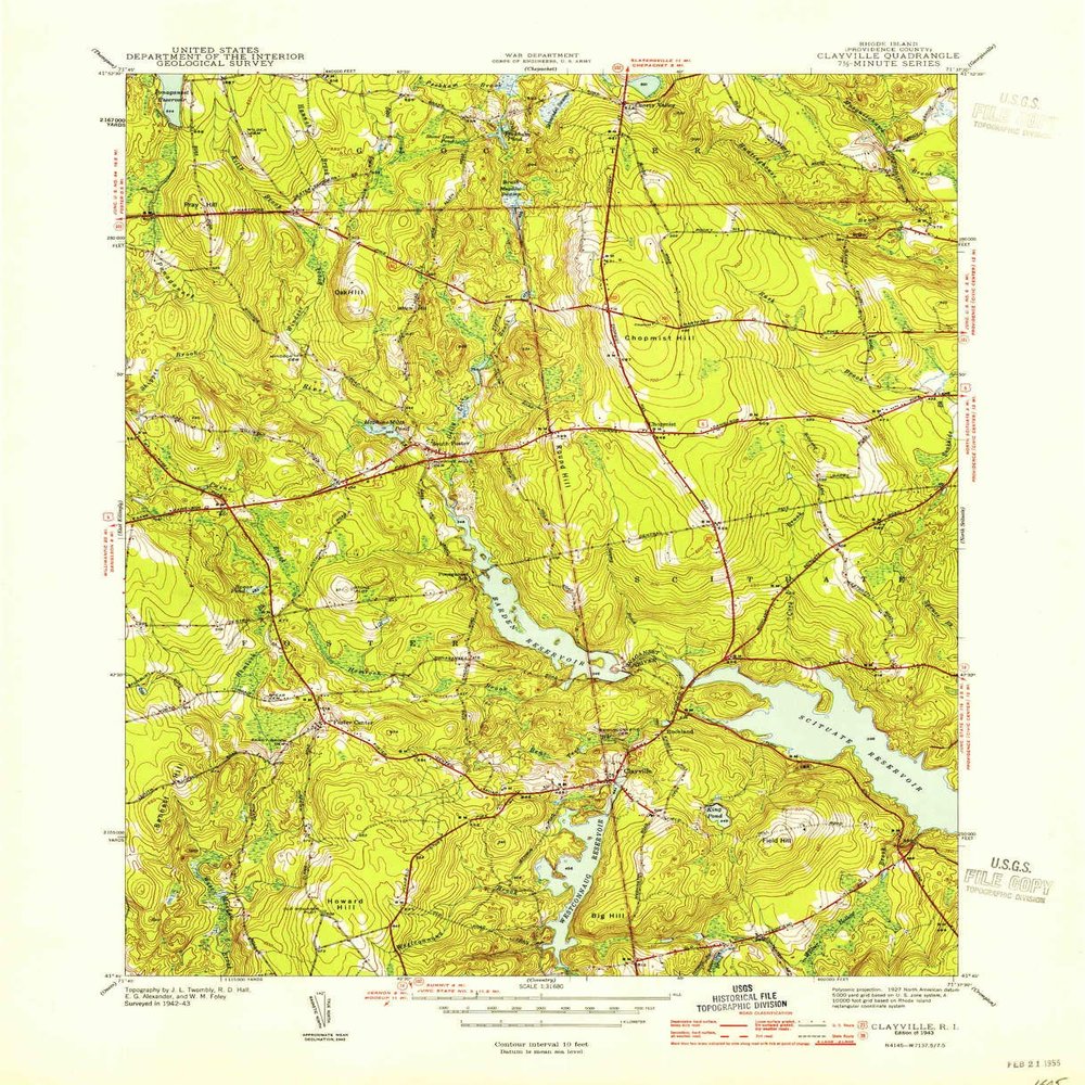 YellowMaps Clayville RI topo map, 1:31680 Scale, 7.5 X 7.5 Minute, Historical, 1943, 20.8 x 16.8 in - Polypropylene