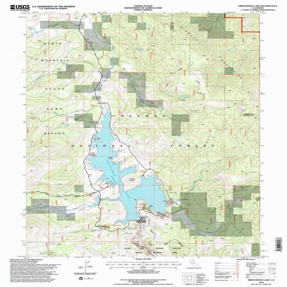 YellowMaps Frenchman Lake CA topo map, 1:24000 Scale, 7.5 X 7.5 Minute, Historical, 1994, Updated 1998, 26.7 x 21.4 in - Polypropylene