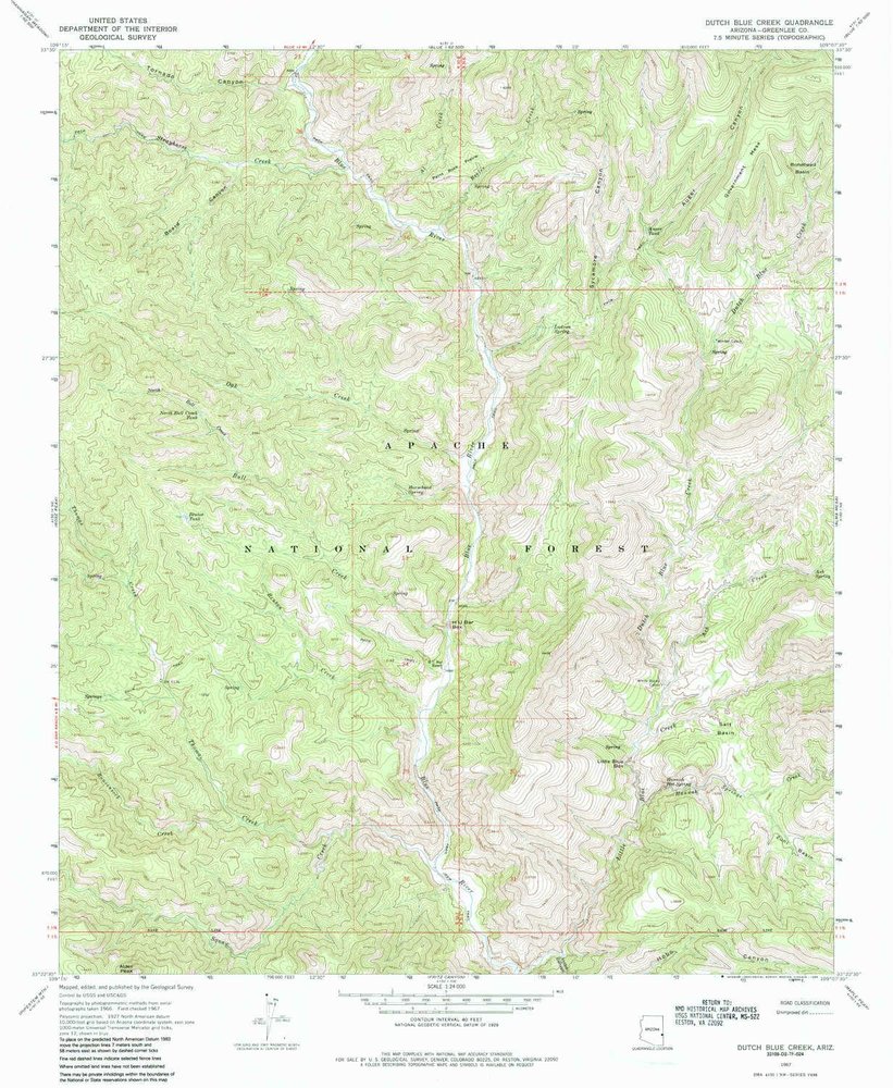 YellowMaps Dutch Blue Creek AZ topo map, 1:24000 Scale, 7.5 X 7.5 Minute, Historical, 1967, Updated 1985, 26.8 x 22 in - Tyvek