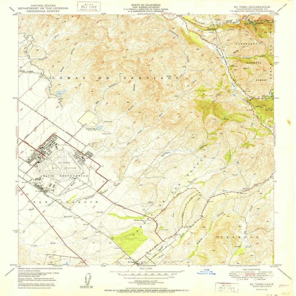 YellowMaps El Toro CA topo map, 1:24000 Scale, 7.5 X 7.5 Minute, Historical, 1950, Updated 1950, 26.9 x 22 in - Tyvek