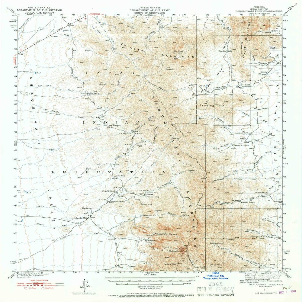 YellowMaps Baboquivari Peak AZ topo map, 1:62500 Scale, 15 X 15 Minute, Historical, 1941, Updated 1967, 20.7 x 17 in - Polypropylene