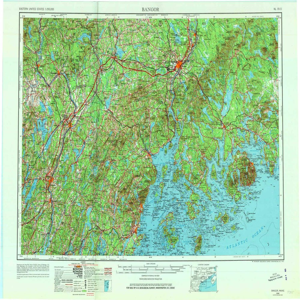 YellowMaps Bangor ME topo map, 1:250000 Scale, 1 X 2 Degree, Historical, 1956, Updated 1973, 22.2 x 29.3 in - Polypropylene