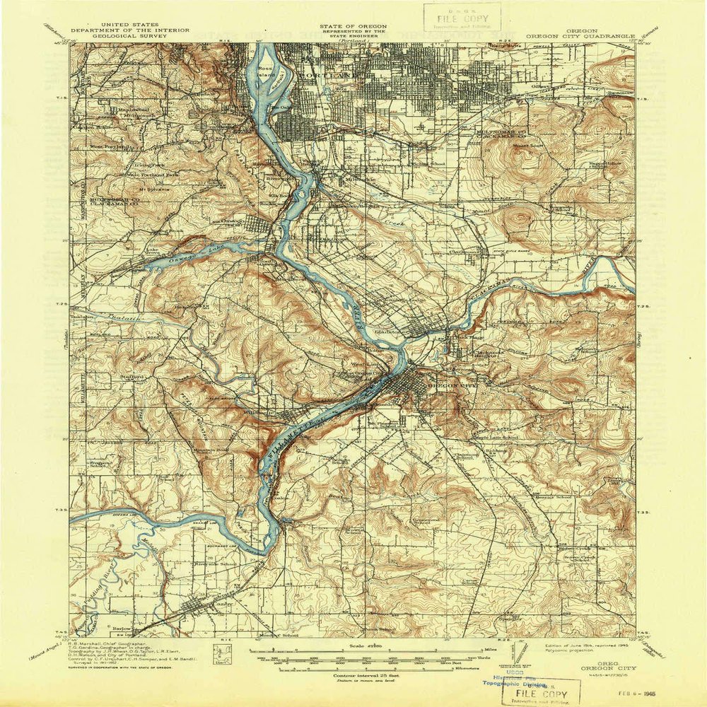 YellowMaps Oregon City OR topo map, 1:62500 Scale, 15 X 15 Minute, Historical, 1914, Updated 1945, 20.8 x 15.4 in - Tyvek