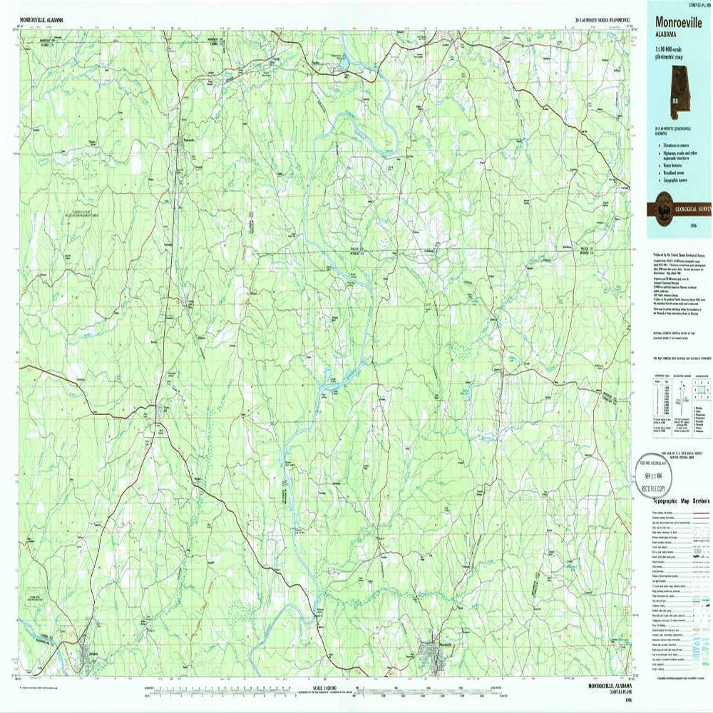 YellowMaps Monroeville AL topo map, 1:100000 Scale, 30 X 60 Minute, Historical, 1986, Updated 1986, 24.1 x 43.5 in - Tyvek