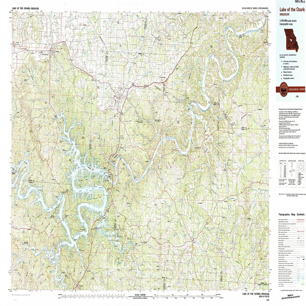 YellowMaps Lake of The Ozarks MO topo map, 1:100000 Scale, 30 X 60 Minute, Historical, 1983, Updated 1984, 24.1 x 41 in - Polypropylene