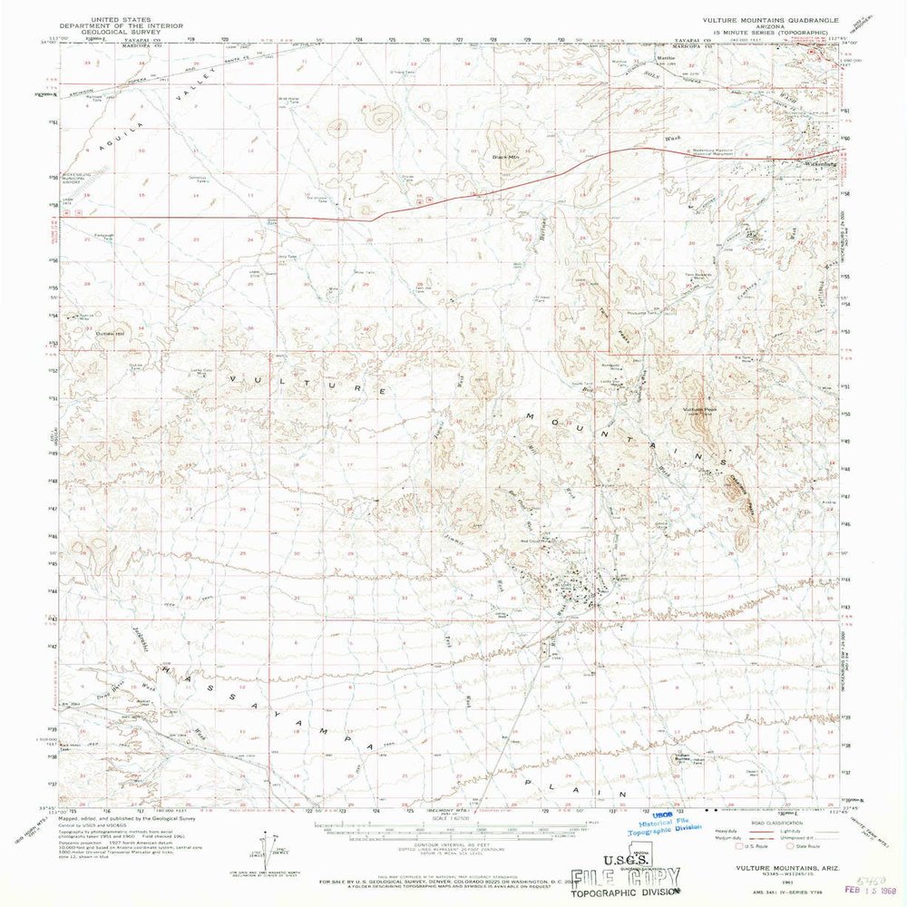 YellowMaps Vulture Mountains AZ topo map, 1:62500 Scale, 15 X 15 Minute, Historical, 1961, Updated 1967, 20.7 x 16.9 in - Polypropylene