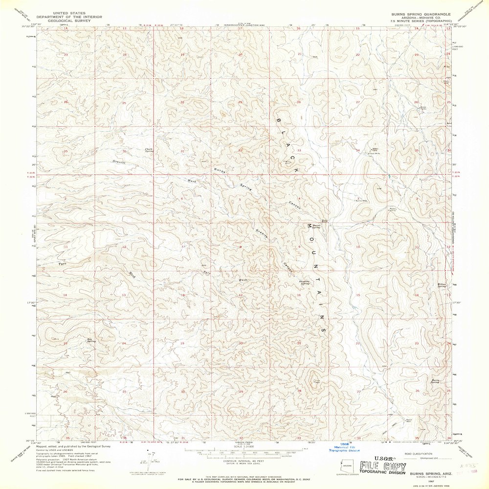 YellowMaps Burns Spring AZ topo map, 1:24000 Scale, 7.5 X 7.5 Minute, Historical, 1967, Updated 1968, 26.9 x 22 in - Polypropylene