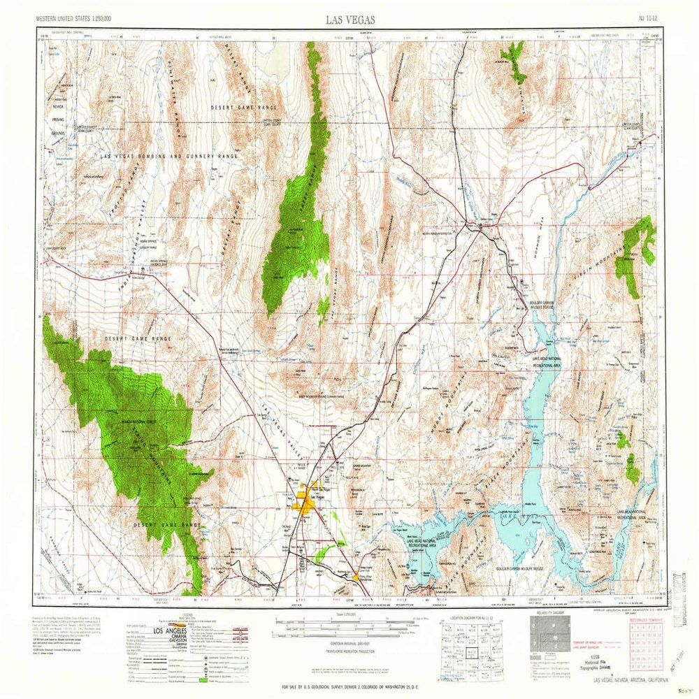 YellowMaps Las Vegas NV topo map, 1:250000 Scale, 1 X 2 Degree, Historical, 1959, Updated 1959, 22 x 32.1 in - Polypropylene