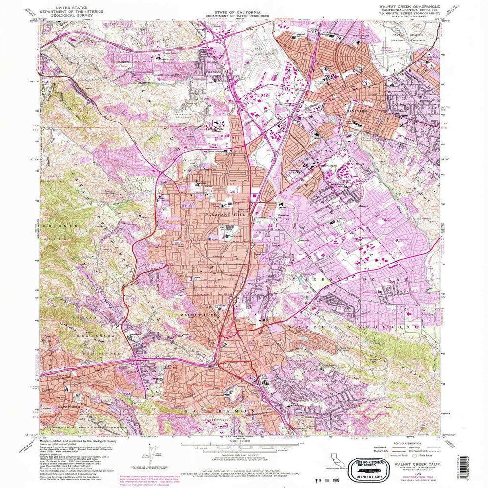 YellowMaps Walnut Creek CA topo map, 1:24000 Scale, 7.5 X 7.5 Minute, Historical, 1959, Updated 1983, 26.8 x 22 in - Tyvek