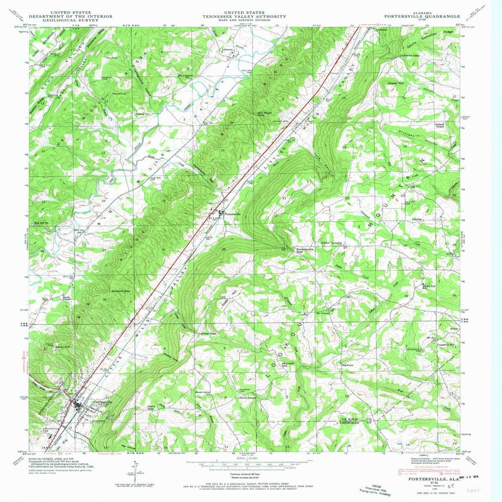YellowMaps Portersville AL topo map, 1:24000 Scale, 7.5 X 7.5 Minute, Historical, 1946, Updated 1974, 26.9 x 22 in - Tyvek