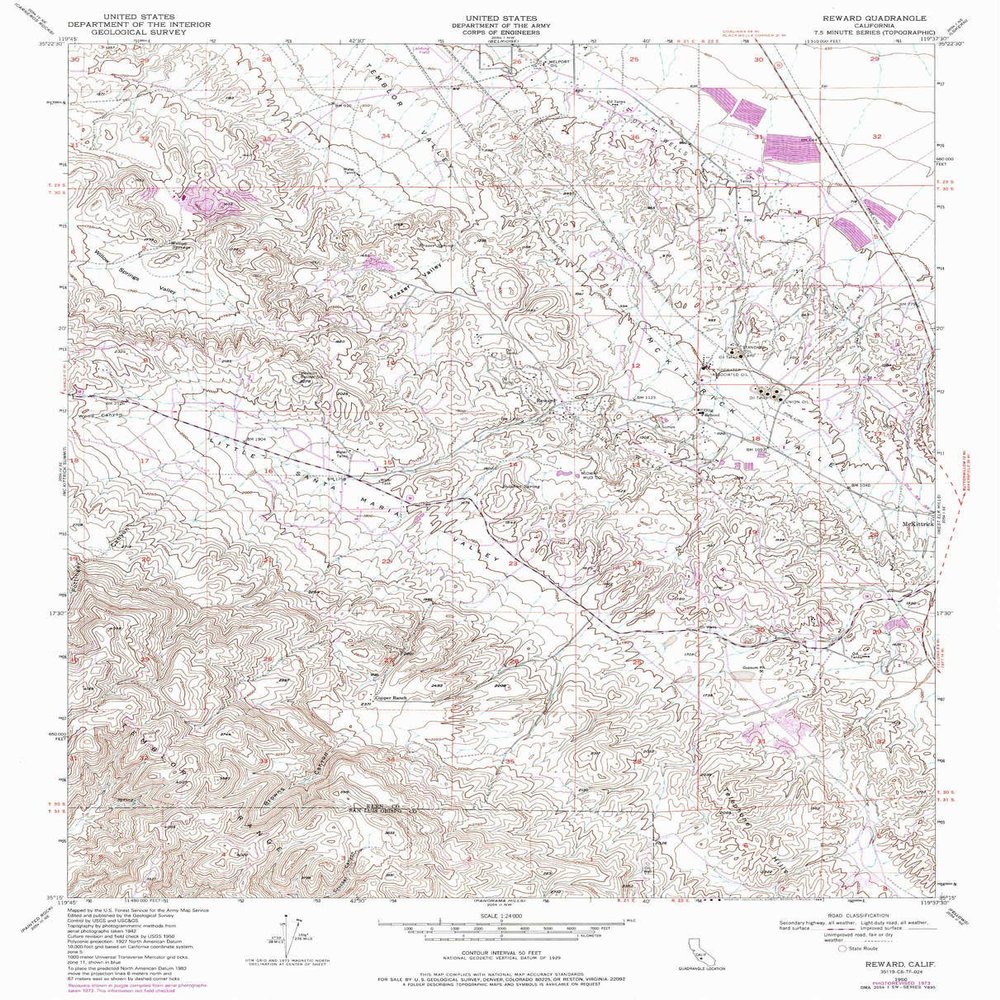 YellowMaps Reward CA topo map, 1:24000 Scale, 7.5 X 7.5 Minute, Historical, 1950, Updated 1988, 26.6 x 21.5 in - Tyvek