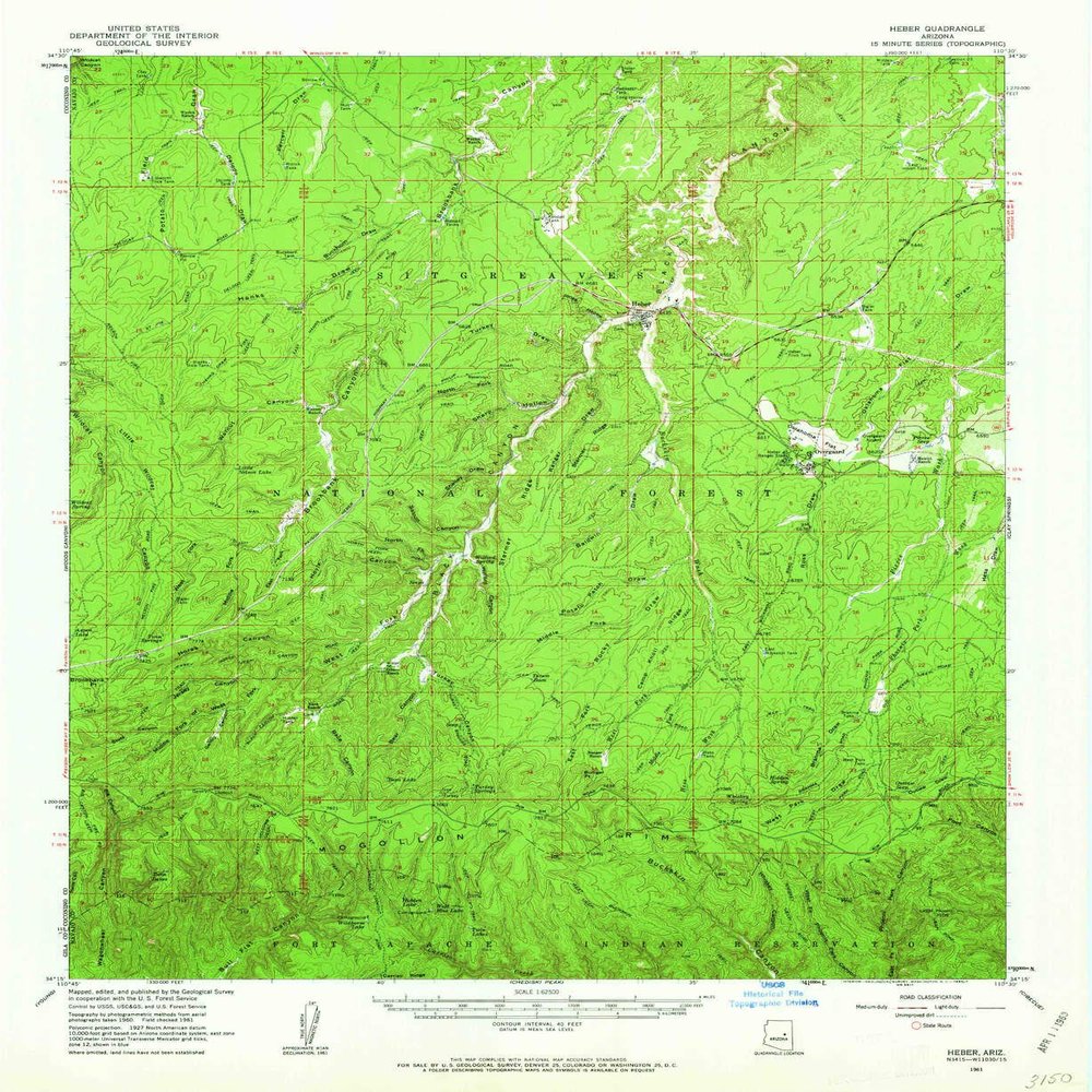 YellowMaps Heber AZ topo map, 1:62500 Scale, 15 X 15 Minute, Historical, 1961, Updated 1963, 20.7 x 16.9 in - Tyvek