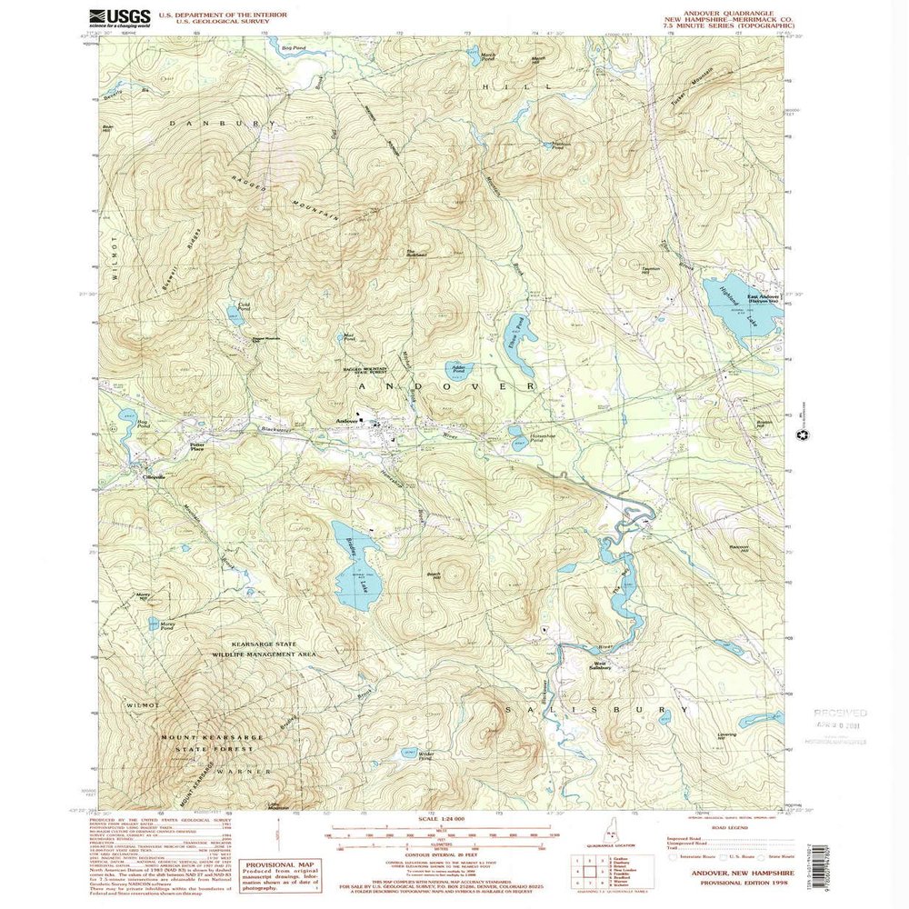 YellowMaps Andover NH topo map, 1:24000 Scale, 7.5 X 7.5 Minute, Historical, 1998, Updated 2001, 26.8 x 22 in - Polypropylene