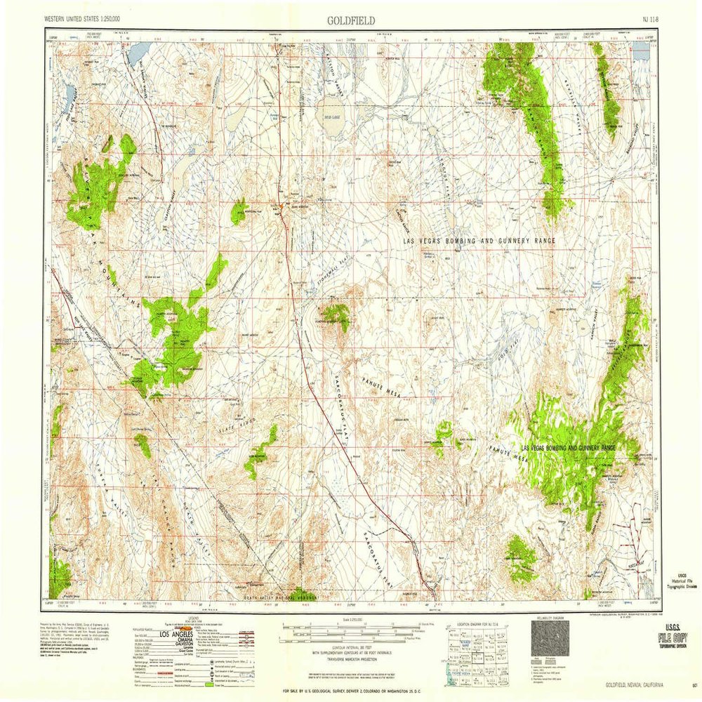 YellowMaps Goldfield NV topo map, 1:250000 Scale, 1 X 2 Degree, Historical, 1958, Updated 1958, 22 x 32.6 in - Polypropylene