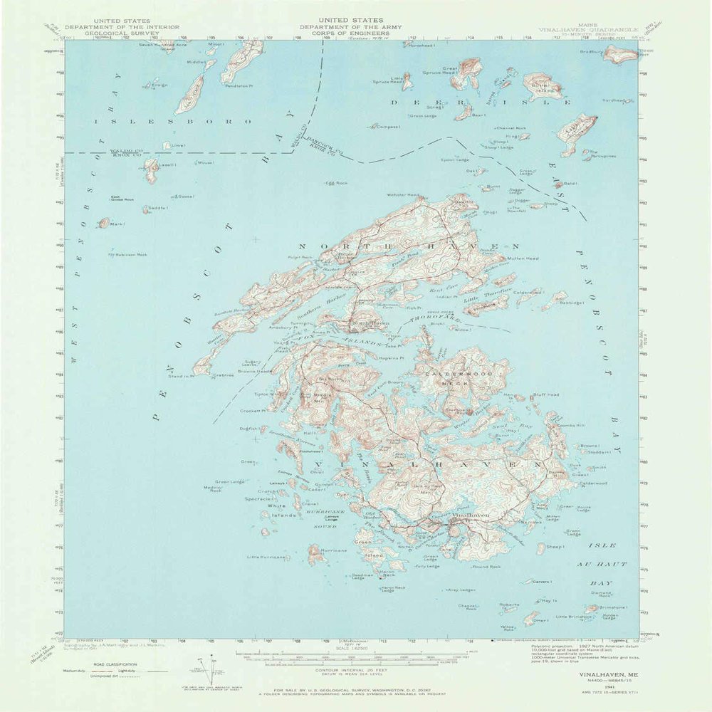 YellowMaps Vinalhaven ME topo map, 1:62500 Scale, 15 X 15 Minute, Historical, 1941, Updated 1970, 20.8 x 15.6 in - Polypropylene