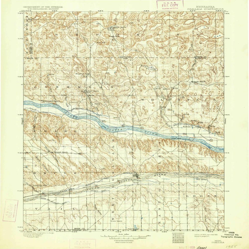 YellowMaps Ogallala NE topo map, 1:125000 Scale, 30 X 30 Minute, Historical, 1900, Updated 1933, 19.8 x 16.4 in - Polypropylene