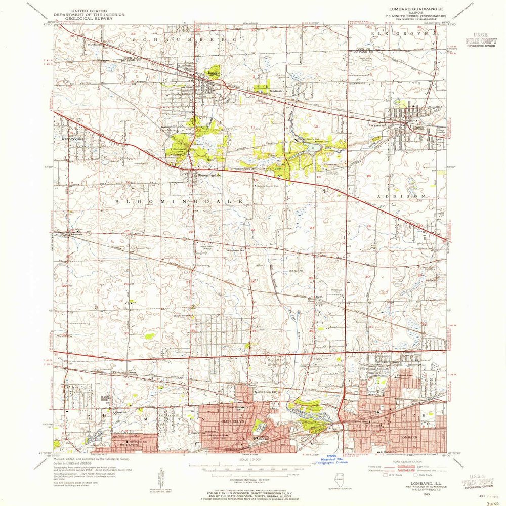 YellowMaps Lombard IL topo map, 1:24000 Scale, 7.5 X 7.5 Minute, Historical, 1953, Updated 1955, 26.9 x 21.9 in - Tyvek