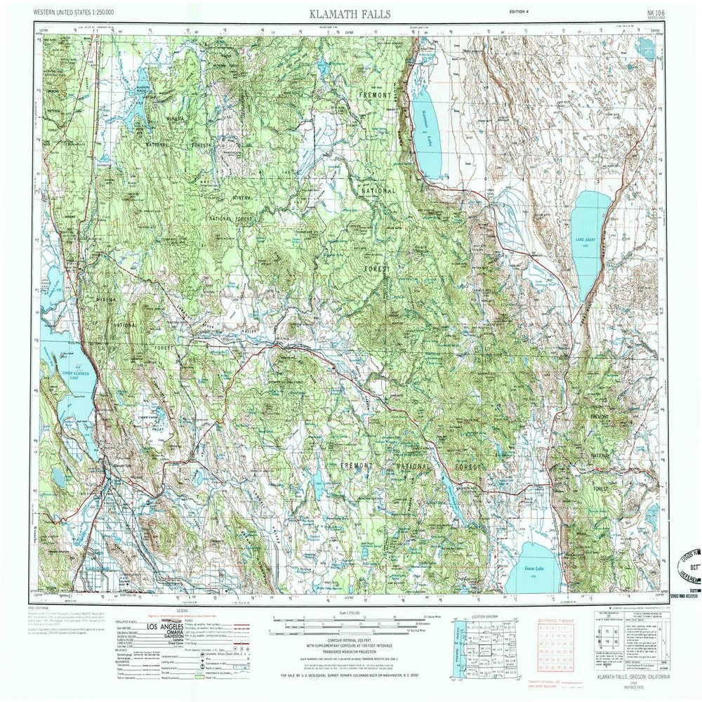 YellowMaps Klamath Falls OR topo map, 1:250000 Scale, 1 X 2 Degree, Historical, 1955, Updated 1972, 22 x 29.4 in - Polypropylene