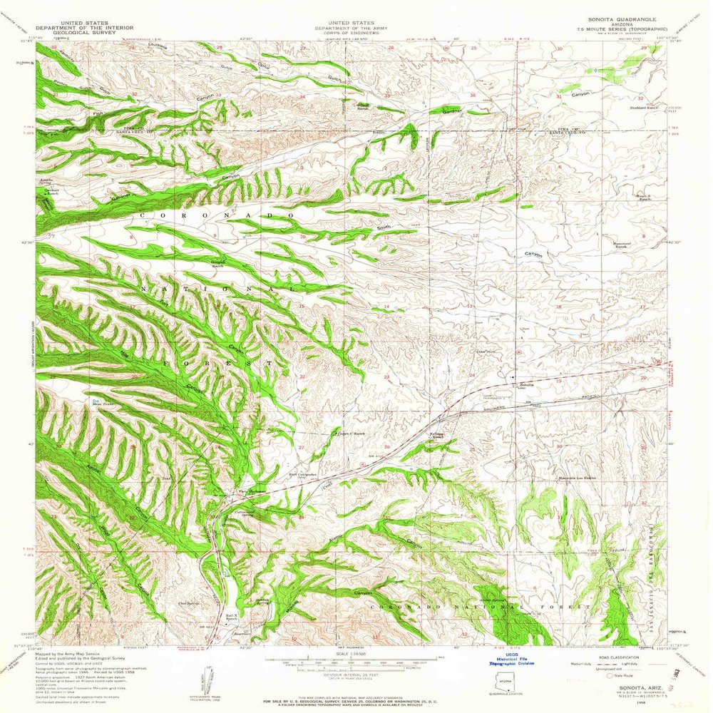 YellowMaps Sonoita AZ topo map, 1:24000 Scale, 7.5 X 7.5 Minute, Historical, 1958, Updated 1963, 26.8 x 22 in - Tyvek