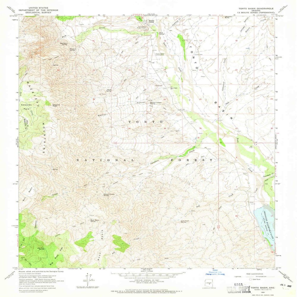 YellowMaps Tonto Basin AZ topo map, 1:24000 Scale, 7.5 X 7.5 Minute, Historical, 1964, Updated 1965, 26.8 x 22 in - Polypropylene