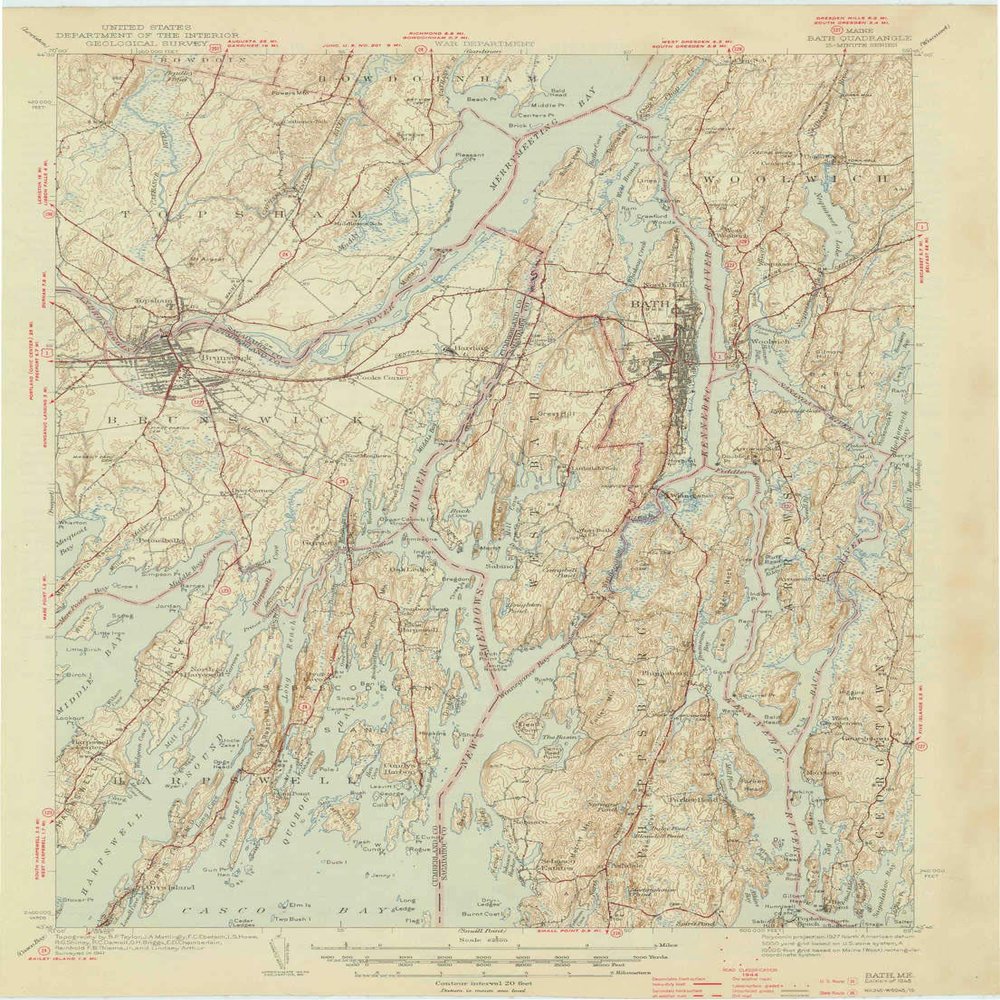 YellowMaps Bath ME topo map, 1:62500 Scale, 15 X 15 Minute, Historical, 1945, 20 x 14.8 in - Tyvek
