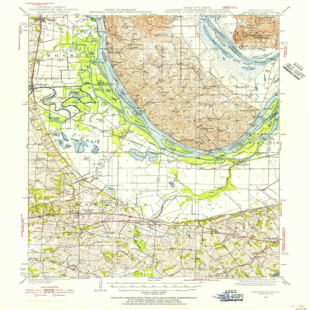 YellowMaps Brussels IL topo map, 1:62500 Scale, 15 X 15 Minute, Historical, 1939, Updated 1955, 20.7 x 16.9 in - Polypropylene