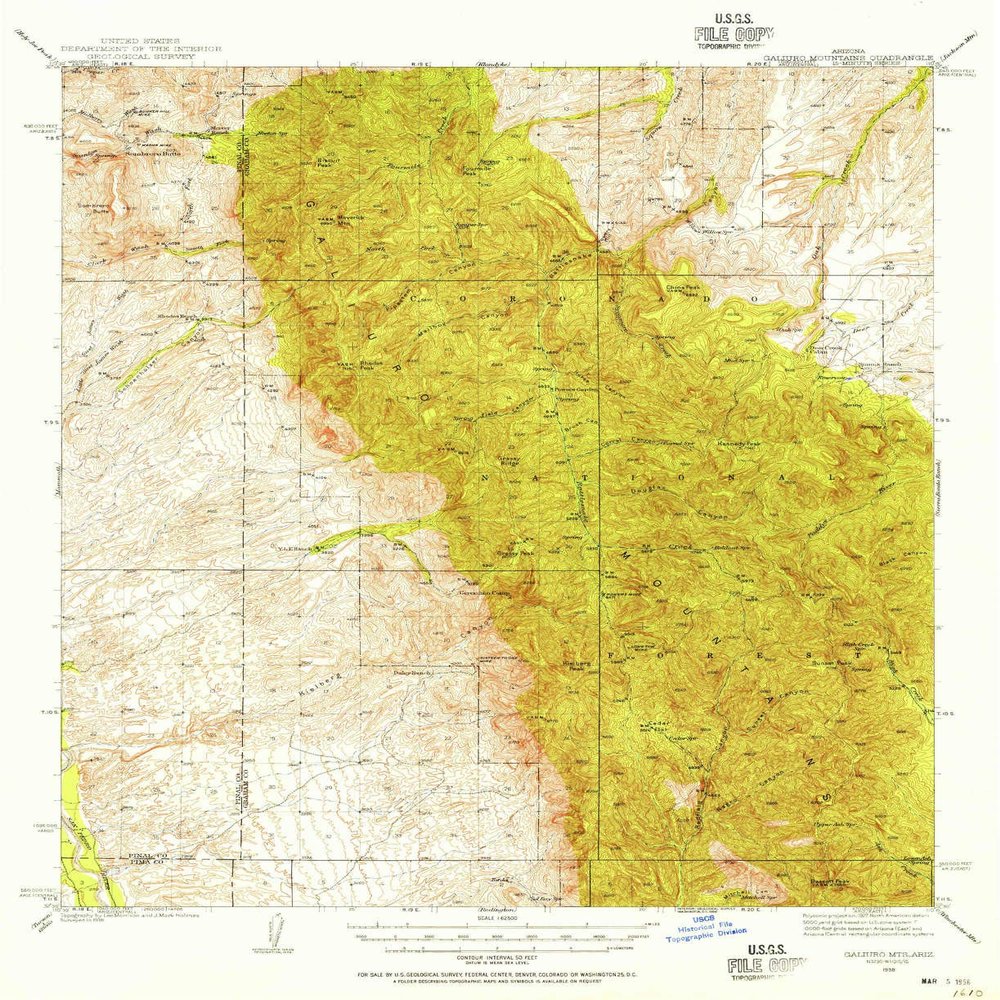 YellowMaps Galiuro MTS AZ topo map, 1:62500 Scale, 15 X 15 Minute, Historical, 1938, Updated 1956, 20.8 x 16.9 in - Tyvek
