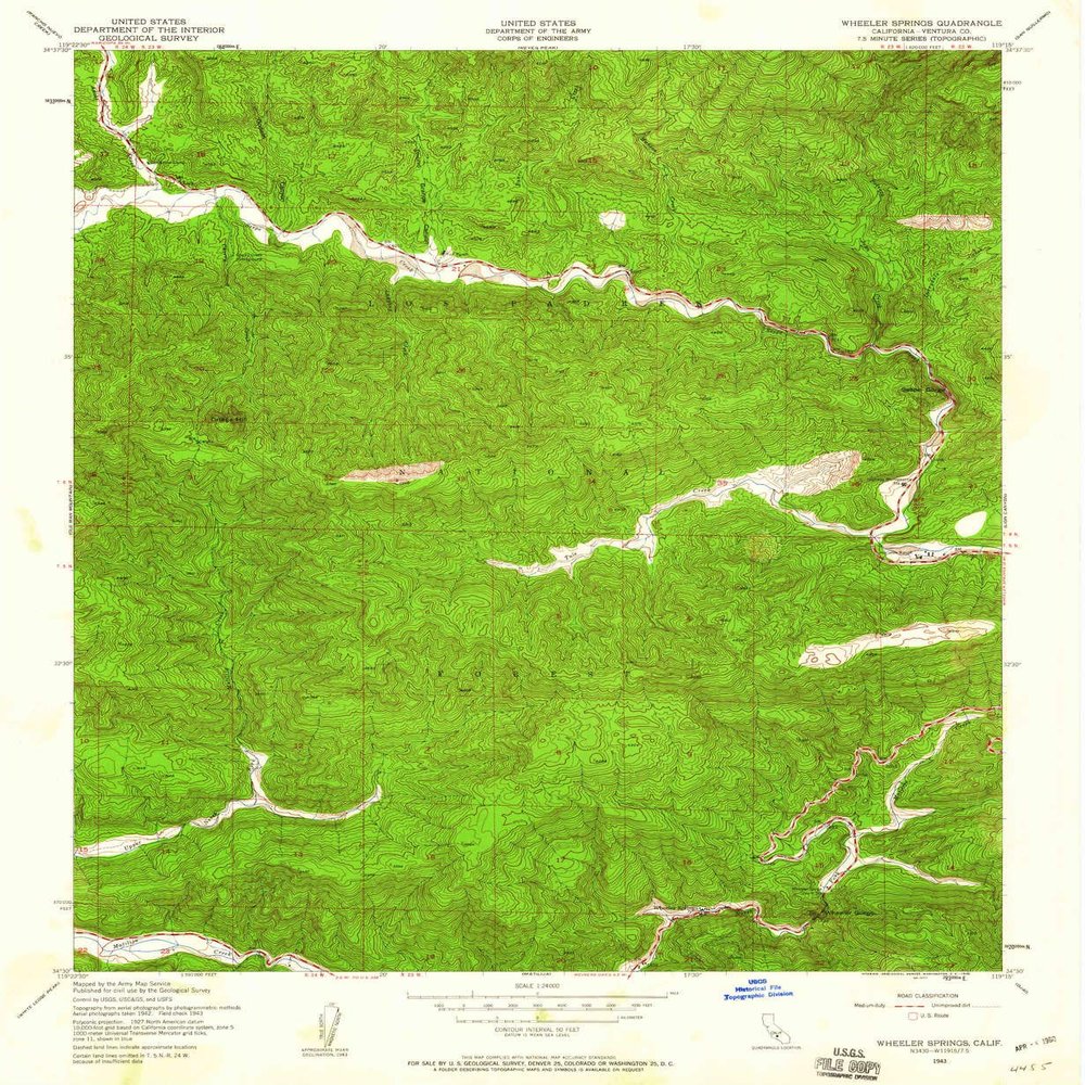 YellowMaps Wheeler Springs CA topo map, 1:24000 Scale, 7.5 X 7.5 Minute, Historical, 1943, Updated 1960, 26.8 x 22 in - Polypropylene
