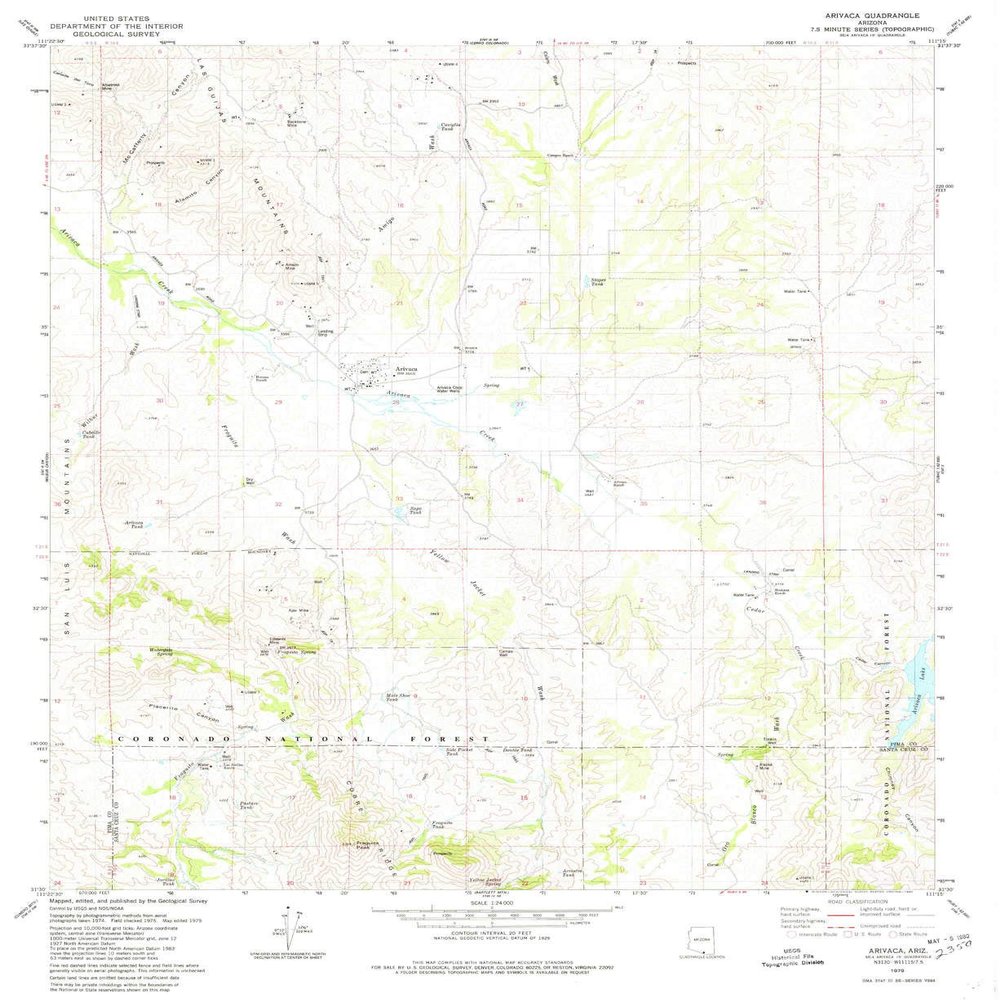 YellowMaps Arivaca AZ topo map, 1:24000 Scale, 7.5 X 7.5 Minute, Historical, 1979, Updated 1980, 26.9 x 22 in - Tyvek
