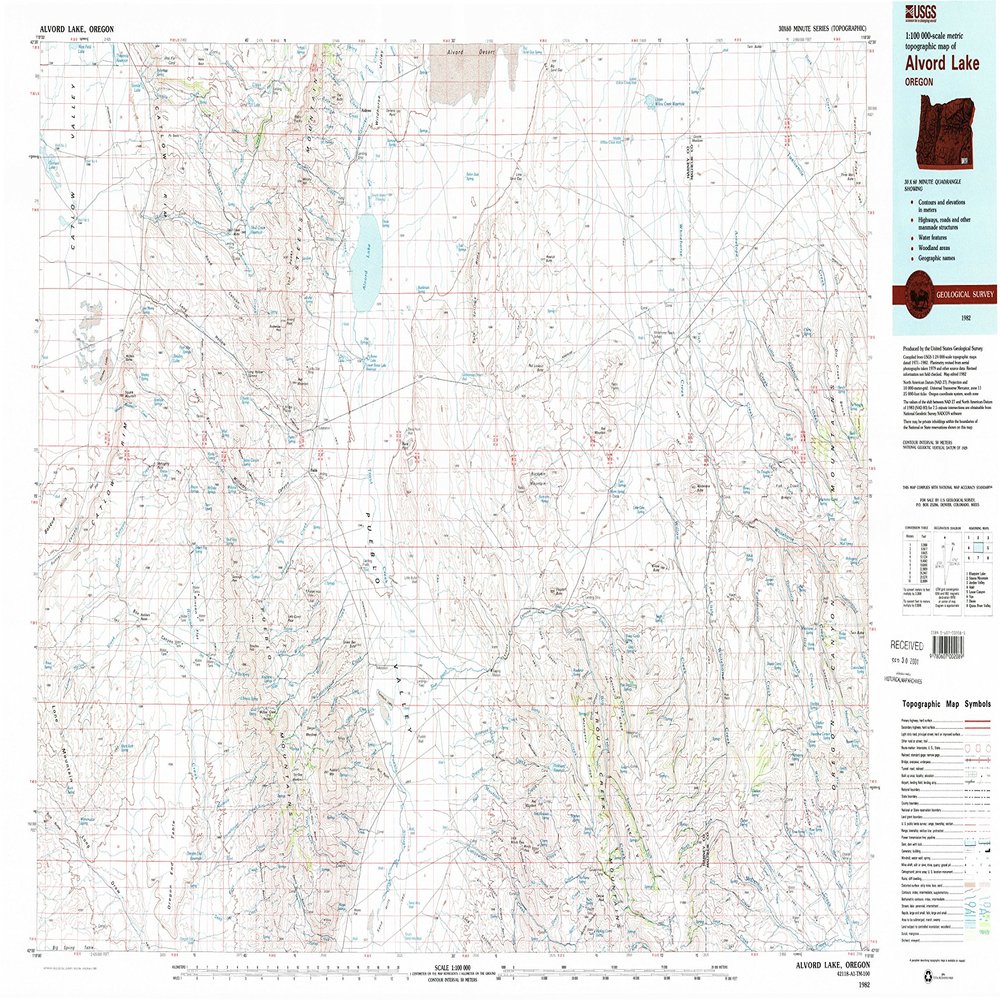 YellowMaps Alvord Lake OR topo map, 1:100000 Scale, 30 X 60 Minute, Historical, 1982, Updated 1995, 24.1 x 39.2 in - Polypropylene