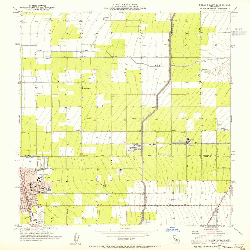 Delano East CA topo map, 1:24000 Scale, 7.5 X 7.5 Minute, Historical, 1953, Updated 1955, 26.8 x 22 in - Polypropylene