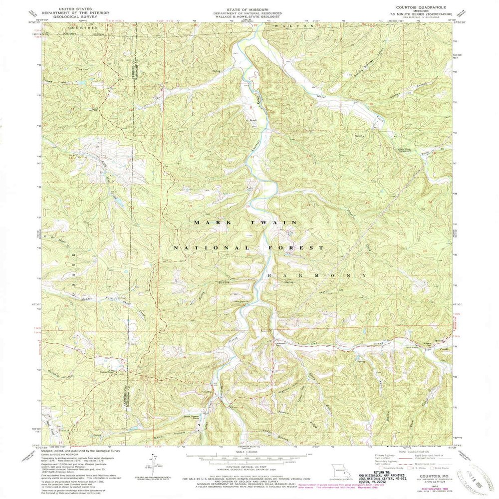 YellowMaps Courtois MO topo map, 1:24000 Scale, 7.5 X 7.5 Minute, Historical, 1978, Updated 1985, 26.8 x 21.9 in - Polypropylene