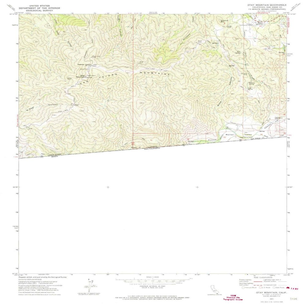 YellowMaps OTAY Mountain CA topo map, 1:24000 Scale, 7.5 X 7.5 Minute, Historical, 1972, Updated 1974, 26.8 x 22 in - Tyvek